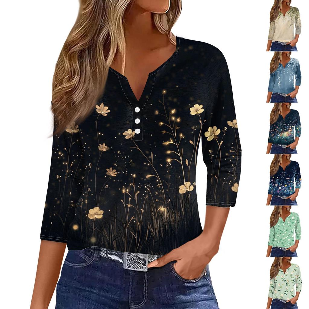 Women's Fashion Casual Flowers Print V-Neck Decorative Button Three-quarter Sleeve T-Shirt Top