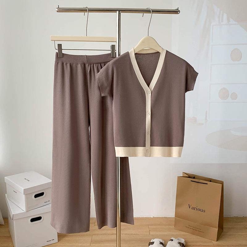 Модные трикотажные комплекты из 2 предметов для женщин, однобортный кардиган с V-образным вырезом, высокая талия, широкие длинные брюки, однотонные свитера