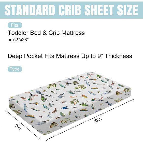 Wildlife Pond Baby Crib Sheets 52''x28'' Wild Animals Frogs Duck Fish Bird Weeds Snug Fitted Crib Mattress Cover for Boy Girl Fishing Hunting Soft