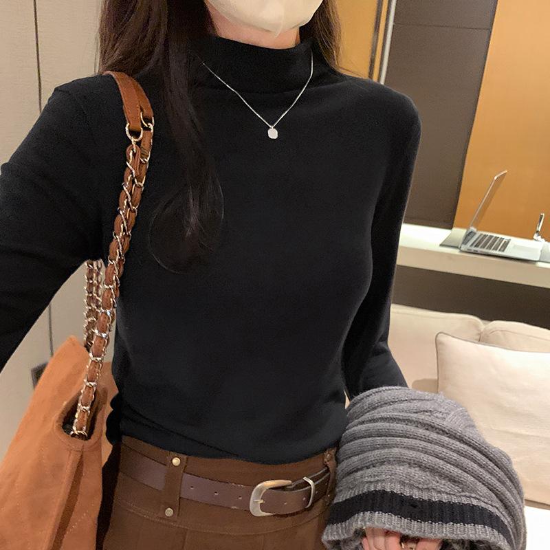 Однотонная рубашка с воротником-полуворотом для женщин на осень и зиму, новая облегающая футболка с короткими внутренними длинными рукавами, универсальный топ