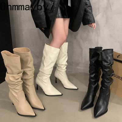 Мода Высокий каблук плиссированные сапоги до колена женские модные женские сапоги Slip On Knight длинные сапоги осень-зима женская обувь