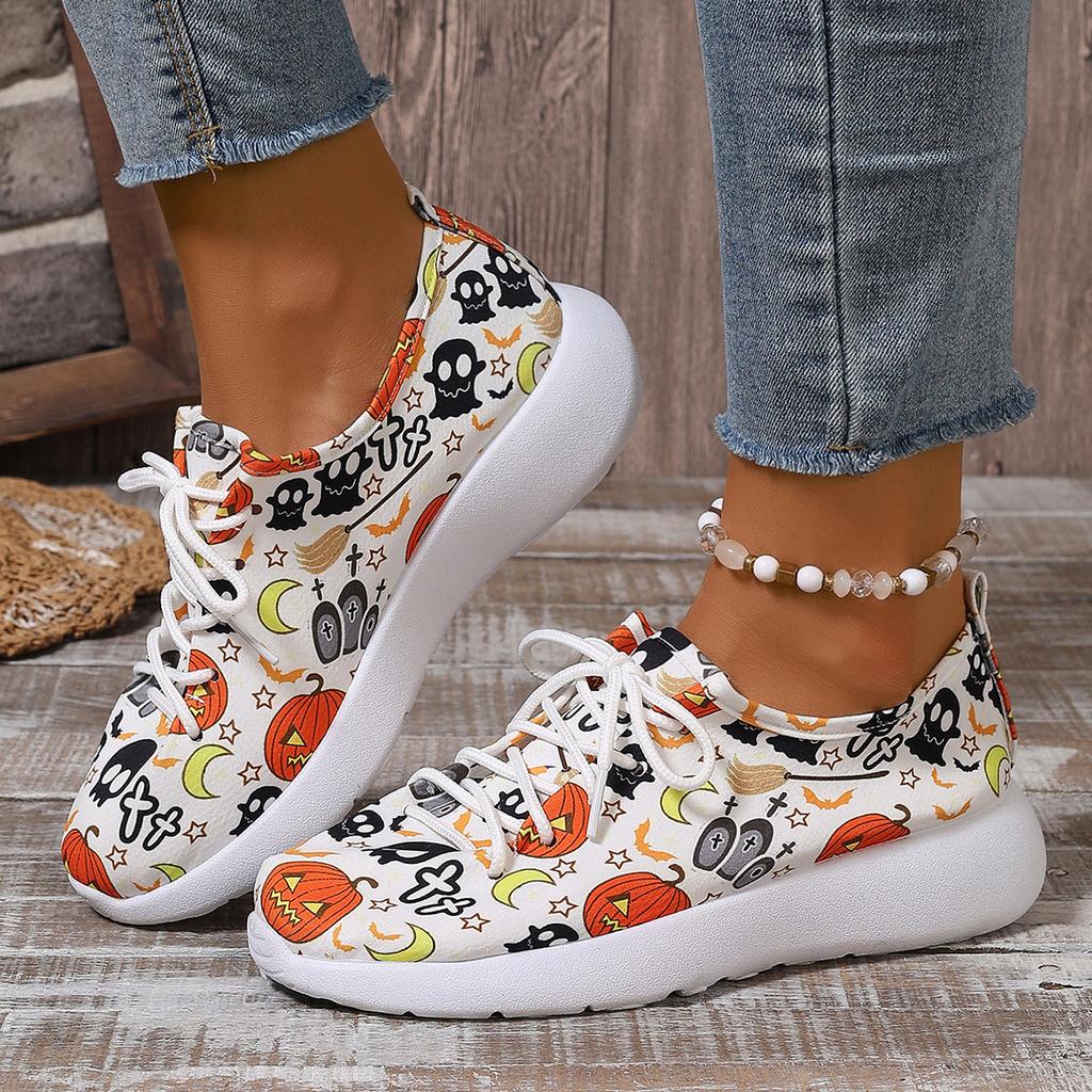 Fashion Women Sneakers 2024 New Popular Flat Bottom Round Head Lace Up Casual Shoes Halloween Pumpkin Pattern Low Top Women Sports Shoes