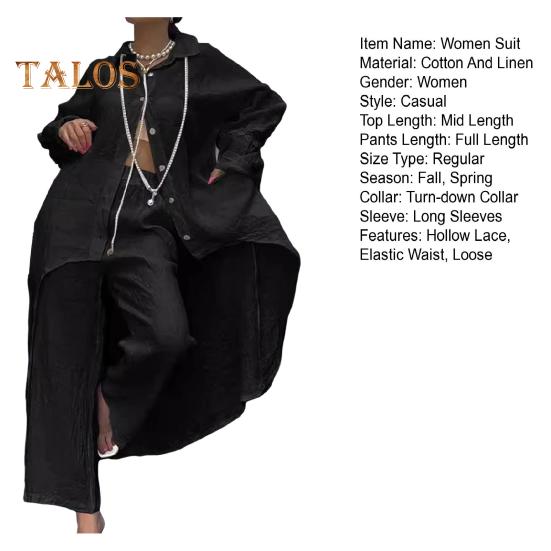 2 Pcs/Set Fall Spring Women Shirt Pants Set Long Sleeves Lapel Lace Cuff Button-down Irregular Hem Blouse Elastic Waist Trousers OL Commuting Sport