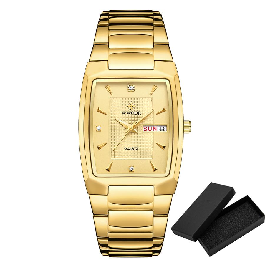 Wwoor New Square Watch Men With Automatic Week Date Luxury Stainless Steel Gold Mens Quartz Wrist Watches Relogio Masculino