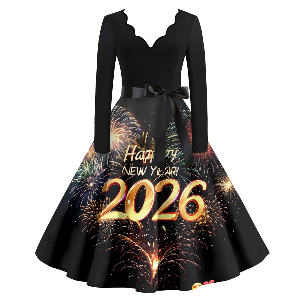 Женское повседневное модное платье винтажного стиля с V-образным вырезом и новогодним принтом