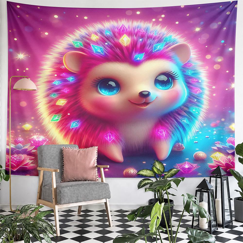 Colorful Hedgehog with Crystal Glow Pattern Wall Hanging Tapestry Decorative Tapestry Home Decor for Bedroom and Living Room