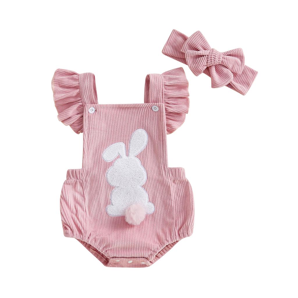 Baby Girl Easter Casual Romper Flying Sleeve Bunny Embroidery Romper with Headband