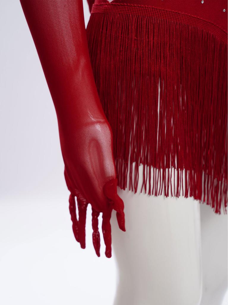 Наряд для латиноамериканских танцев для девочек, плиссированный сетчатый дизайн, вырез, бахрома, блестящие стразы, трико с подходящими перчатками