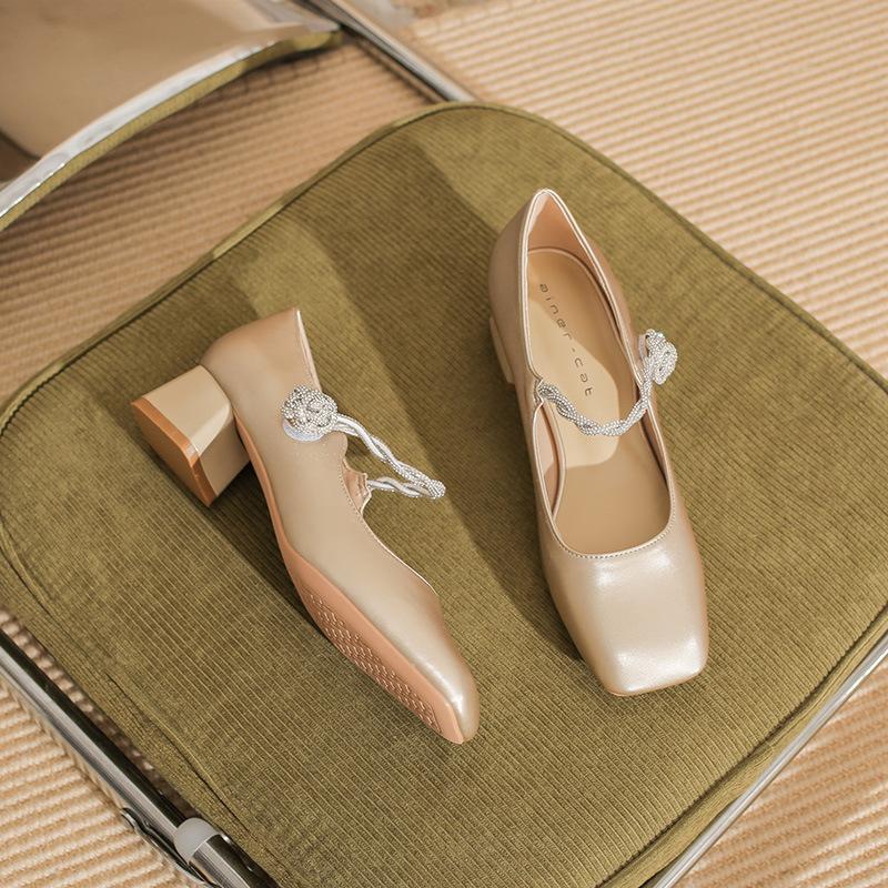 57708 [sheepskin] High Heels Women's Thick Heel New Rhinestone Word with Mary Jane Shoes Square Head Shallow Mouth Single Shoes