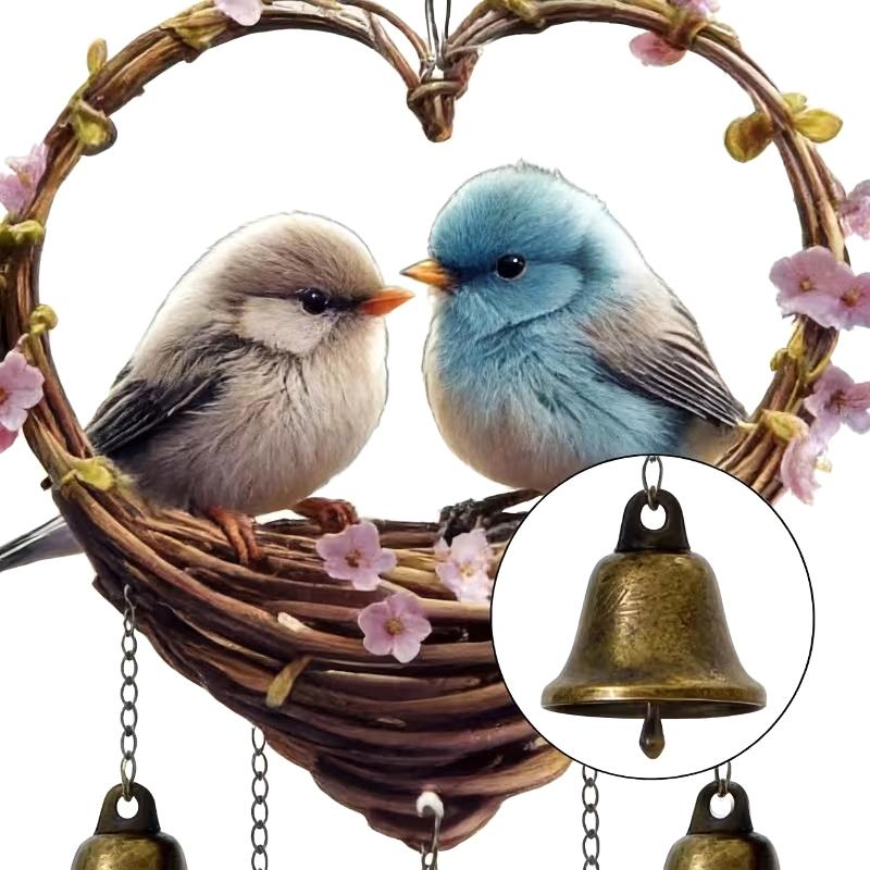 Heart Shaped Wind Chime Bird Design Metal Bells Decorative Hanging Ornament for Garden Patio Outdoor Balcony Yard