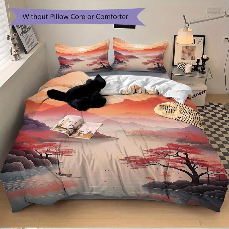 3pcs Chinese style Landscape 1Cover + 2Pillowcases, PillowInserts NotIncluded, Machine Washable, All - Season Use, Suitable for Bedroom Guest Room43