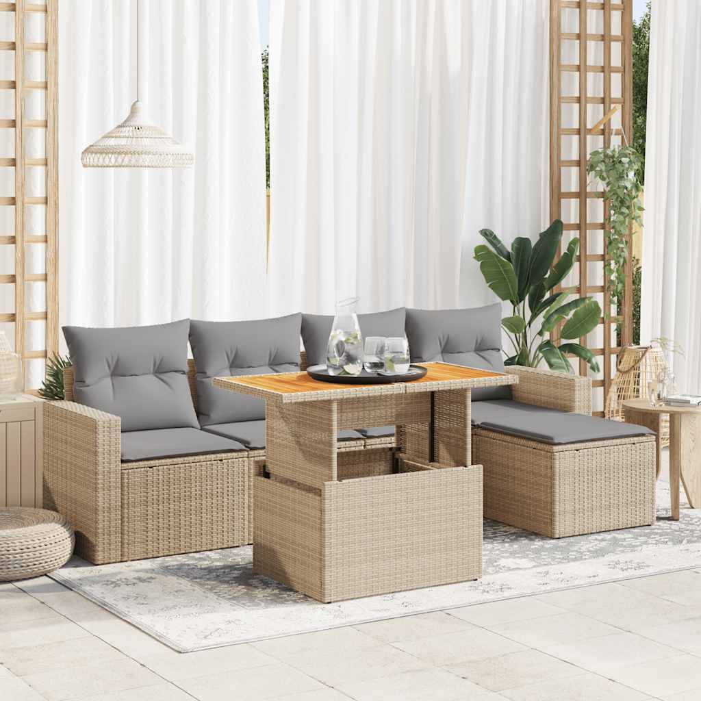 6 Piece Garden Sofa Set with Cushions Beige Poly Rattan