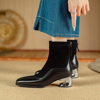 Модные новые 5,5 см Неправильный изогнутый каблук Овчина Замша Короткие ботинки Осень/Зима Модные Короткий плюш Теплые Черные Коричневые Ботильоны Размер 40