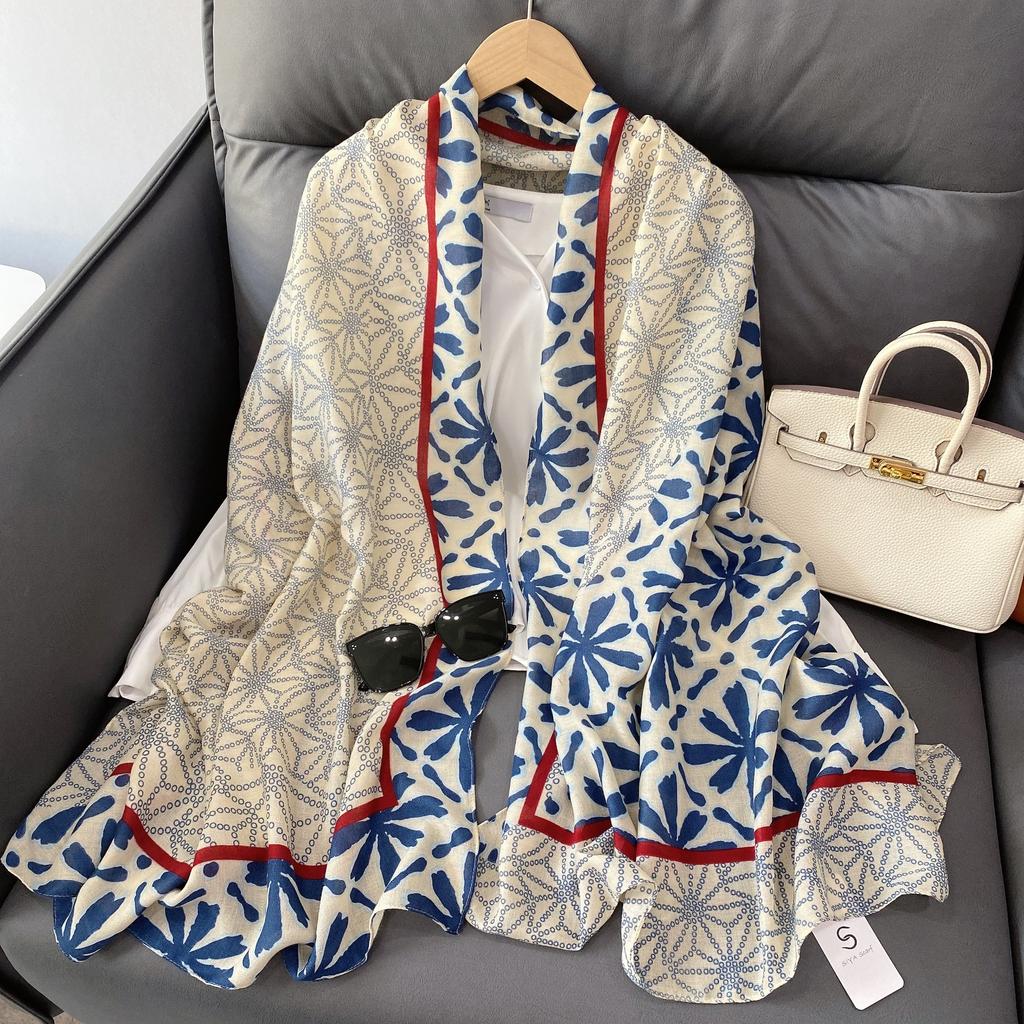 Wind New Geometric Color Matching Printed Scarf Summer Fresh Flower Cotton and Linen Feel Sunscreen Shawl