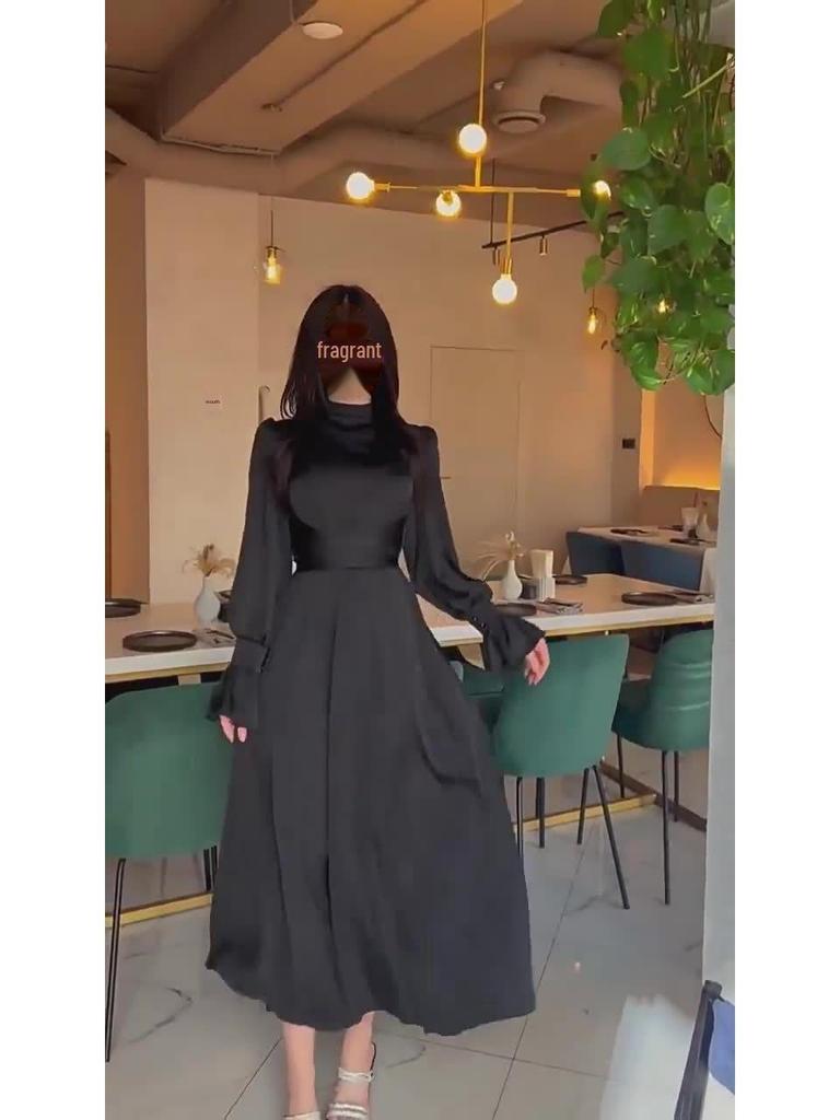 2025 Весна Атласное Элегантное Женское Платье с Длинными Рукавами и Талией