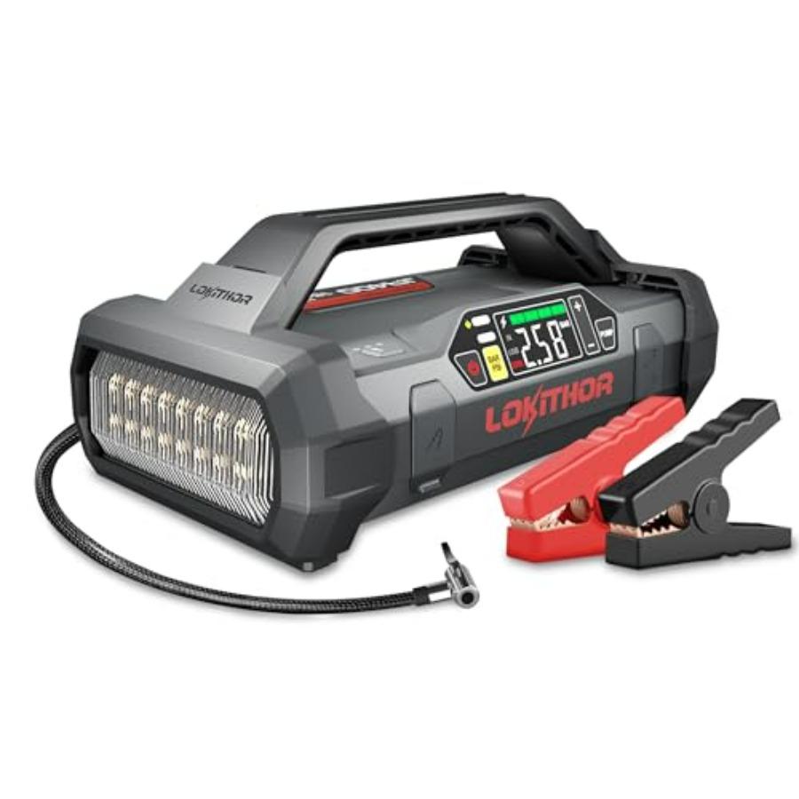 Пуско-зарядное устройство 1750A 12V с компрессором 60W, двусторонней быстрой зарядкой, литиевым аккумулятором, бустер для бензиновых двигателей 7.5L или дизельных 5.5L