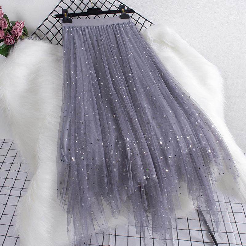 Autumn and Winter High Waist All-match Star Sequined Mesh Skirt Mid-length Long Skirts for Women Slim