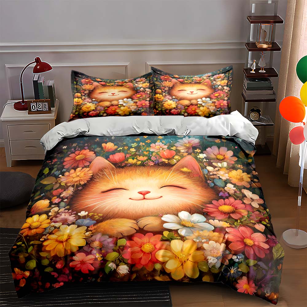 Smiling cat flowers Bedding Duvet cover sets Duvet covers Pillowcases gifts (1 * Duvet Cover 2 * Pillowcases, without duvet insert)