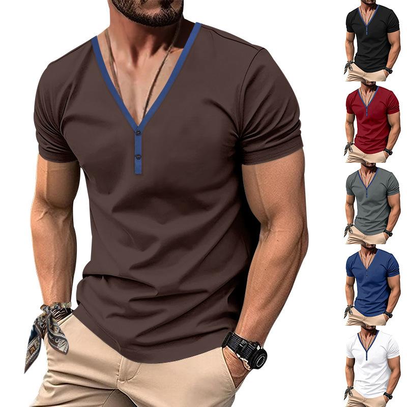 2025 Summer Men T-shirt V-neck Fashion Design Slim Fit Soild T-shirts Male Tops Tees Short Sleeve T Shirt For Men