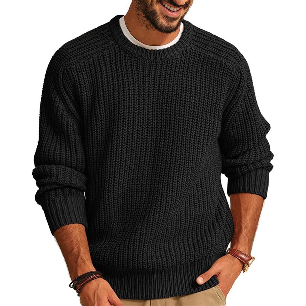 New Men's Solid Color Long Sleeve Round Neck Fashion Sweater Loose American Retro Knitwear