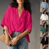 Women's Summer Short Sleeve Lapel Casual Loose Top Solid Colour Blouse
