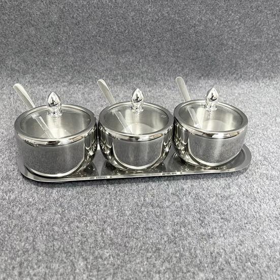Stainless Steel Seasoning Containers Set with Lid Spoon Tray 3 Grids Condiment Jar Spice Container Canisters Pots for Serving Sugar Pepper Salt Spice