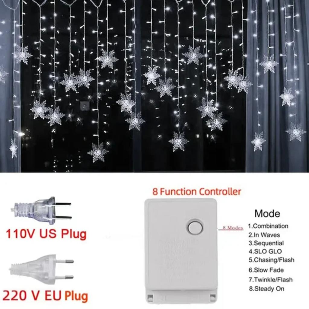 New 3M Christmas Light  Snowflake Curtain Icicle Fairy String Lights Outdoor Garland  Party Garden 2024  Year Decoration