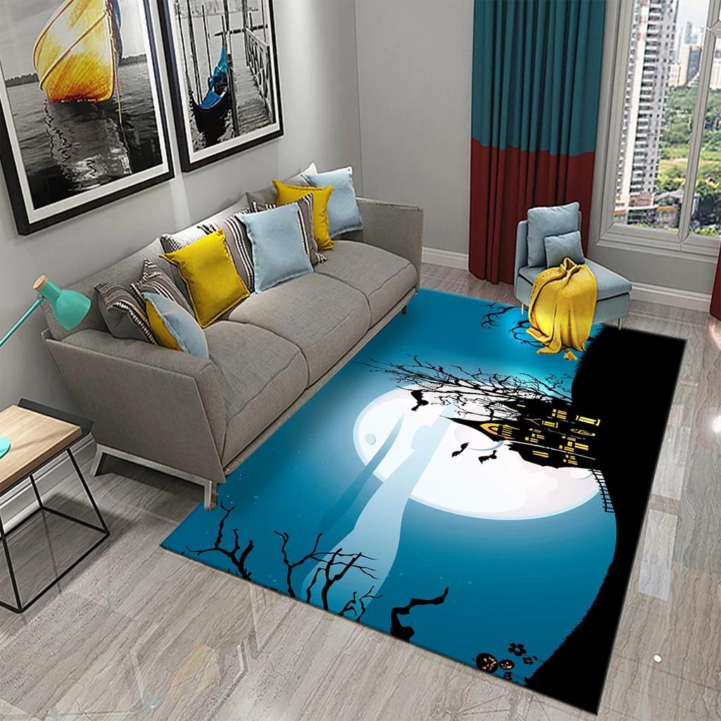 Halloween Theme Area Rug With Cartoon Ghost Pumpkin Bat Haunted House Artistic Patterns Soft Decorative Carpet For Living Room