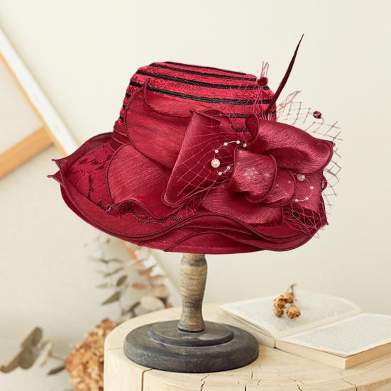 Женская рыбацкая шляпа из органзы с кружевным бантом из искусственного жемчуга, декор из перьев, винтажный королевский стиль, с плоским верхом, защита от УФ-лучей и солнца, кепка для выпускного вечера, вечерние шапки для торжественных случаев
