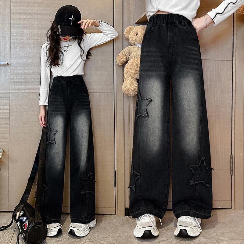 Teenage Girl Retro High Waisted Wide Leg Straight Jeans With Star Pattern For Kids Baby New Causal Denim Pants Girl Trousers