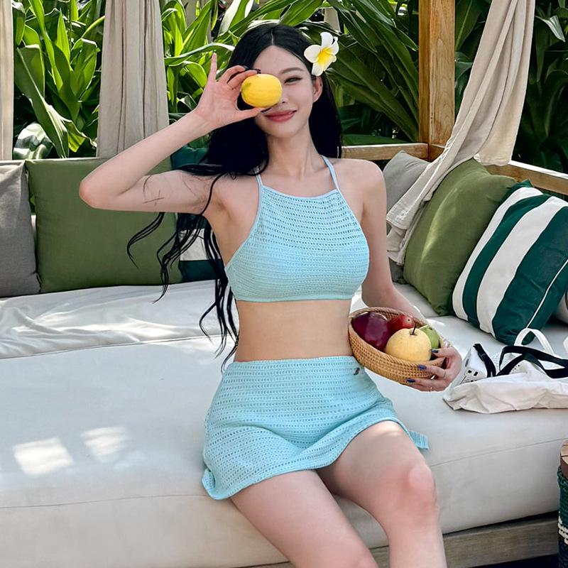 2025 Корейское Сладкое Вязаное Платье с Открытой Спиной: Раздельный купальник Tie-Up Beach Sexy для женщин