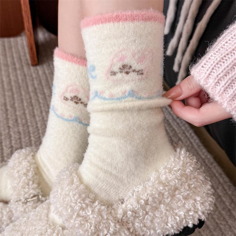 Australian Woolen Socks for Girls, Cute Cartoon Rabbits, Fluffy Mid-calf Socks, Sweet Autumn and Winter, Bow Stripes, and Warm Socks