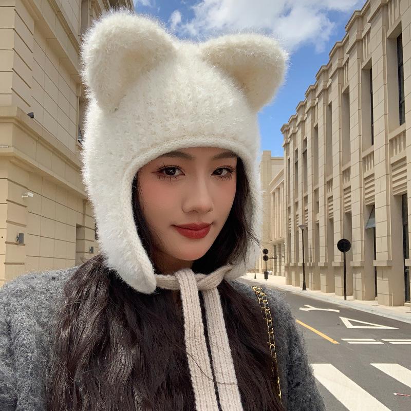 Новая шапка женская забавная ушка однотонная вязаная шерстяная шапка зимняя теплая плюшевая защитная шапка толстая