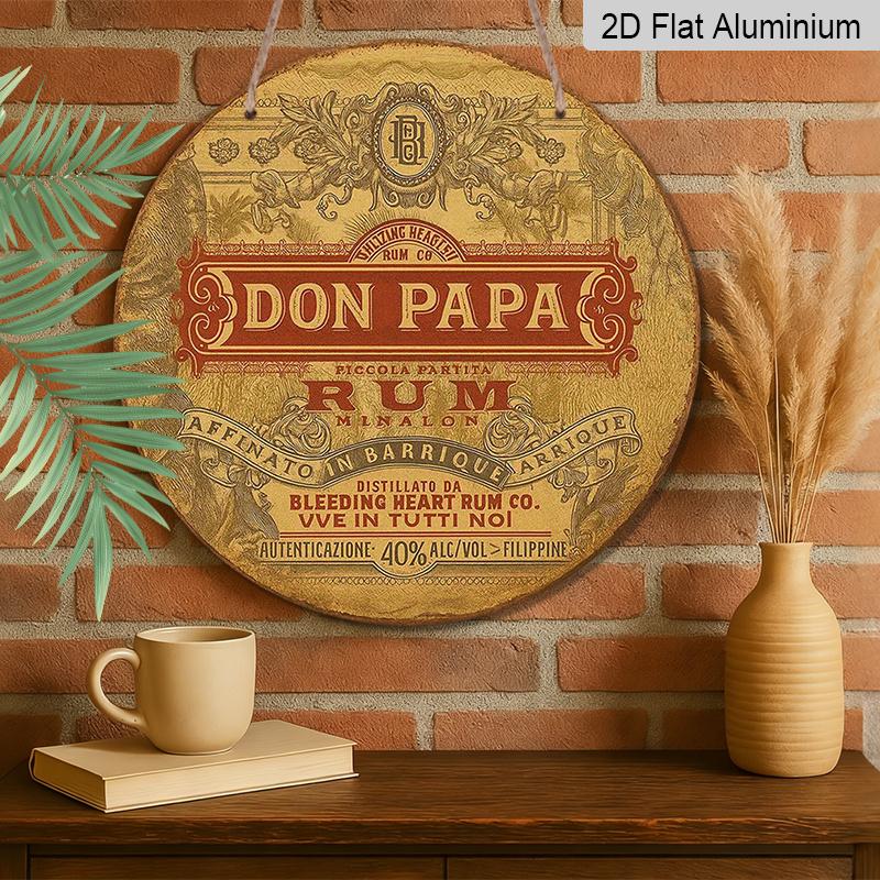 Плоская 2D, 1 шт. Круглая алюминиевая металлическая вывеска Don Papa Rum Vintage, Ретро золотая этикетка, Настенная табличка для алкогольных напитков, Водонепроницаемая и устойчивая к ржавчине, Идеально для бара, паба