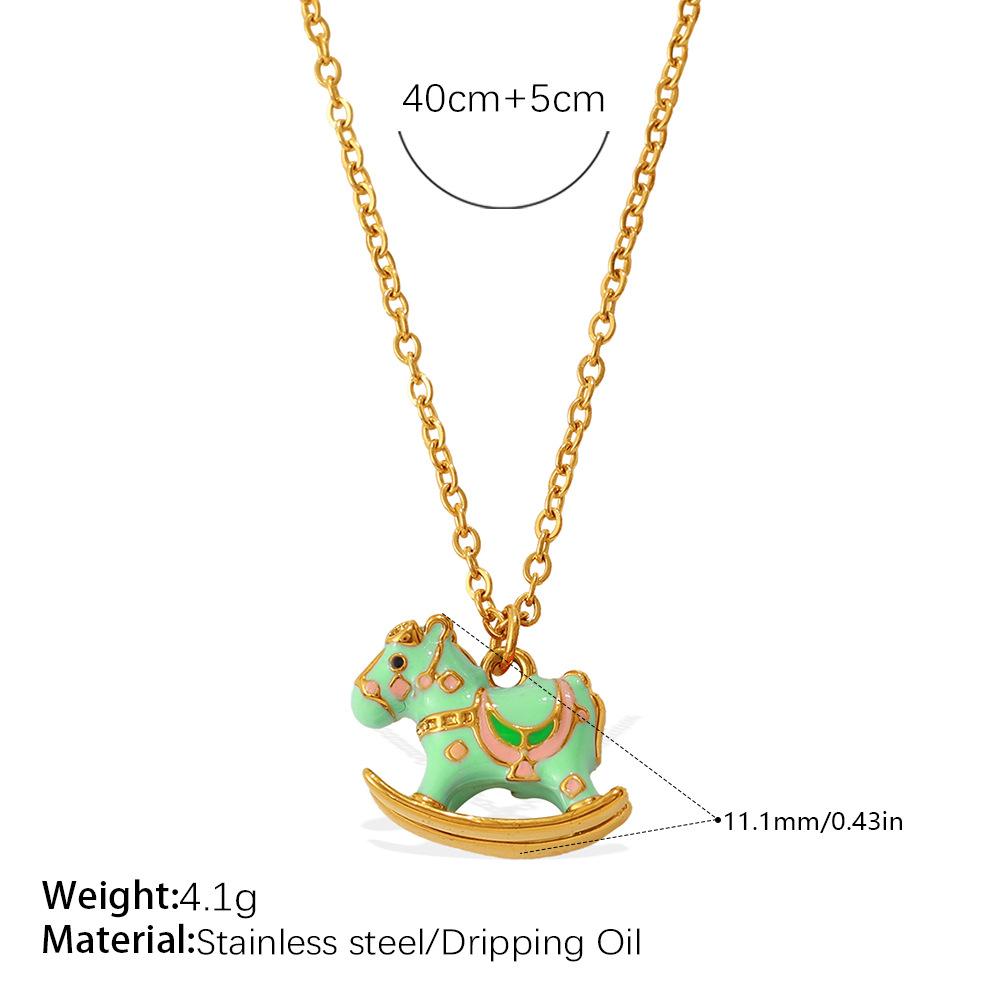 2026 New Women's European American Animal Style Cartoon Macaron Color Cute Stainless Steel Rocking Horse Pendant Necklace Bamboo