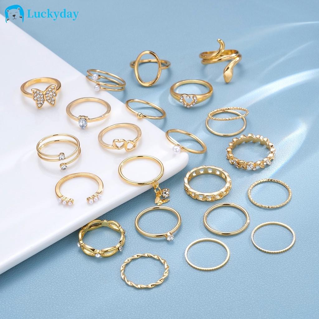 iF ME Retro Artificial Pearls Crystal Gold Ring Set Heart Snake Butterfly Rings for Women Jewelry Accessories