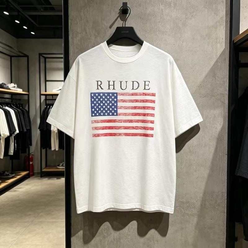 Футболка Rhude с принтом флага США Унисекс Унисекс Американский стритвир Высококачественные Свободные Футболки с коротким рукавом Топы 2026 Летние Футболки Удобные