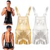Men's Shiny Metallic Short Overalls Bib Shorts Casual Rompers Rave Club Fancy Dress