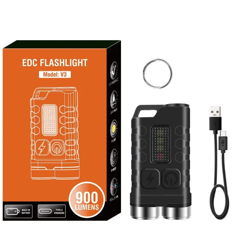Мини светодиодный EDC фонарик-брелок BORUiT V3, мощный фонарь, перезаряжаемая лампа Type-C, водонепроницаемый фонарь для кемпинга Tiki с УФ-светом