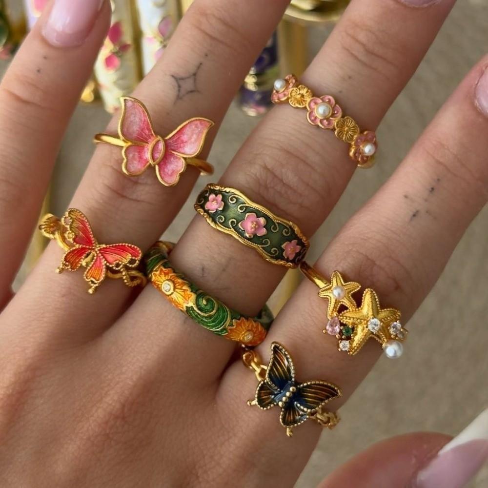 7Pcs/Set Camellia Flower Flower Ring Set Rhinestone Irregular Rings Enamel Finger Rings Girls
