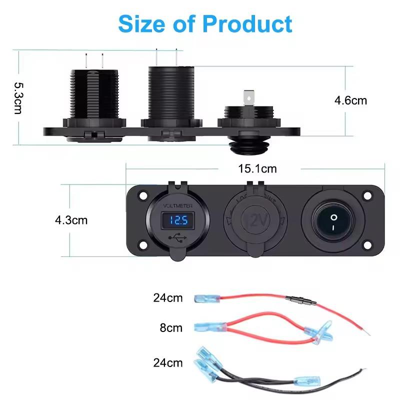 Панель с 12В USB розеткой, двойной USB-порт с Quick Charge 3.0, автомобильное зарядное устройство USB, розетка прикуривателя, тумблер ВКЛ/ВЫКЛ