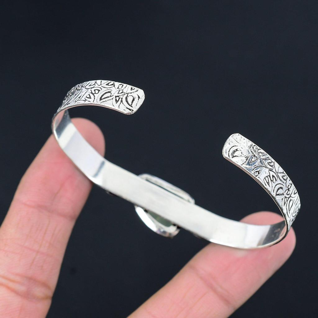 925 Silver Natural Moss Prehnite Unique Crescent Moon Sister Handmade New Bangle