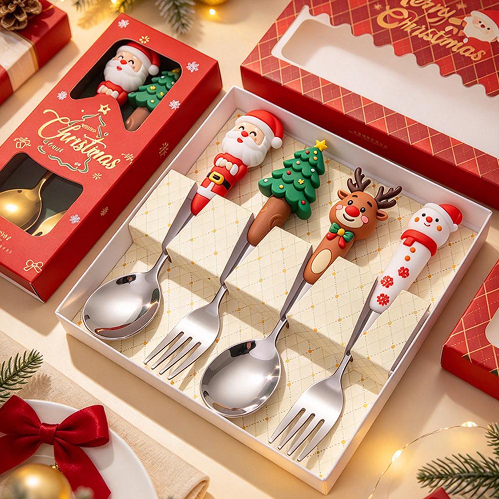 2Pcs Christmas Fork And Spoon Set,Stainless Steel Creative Tableware,Coffee Tea Dessert Forks And Spoons Gift Set