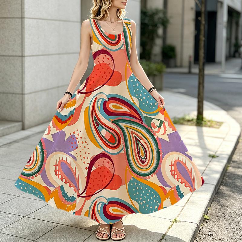 A-Line Maxi Dress Bohemian Style Loose Sleeveless Flowy Dress,Lightweight Breathable for Summer Casual Daily & Vacation,Versatile Long Dress