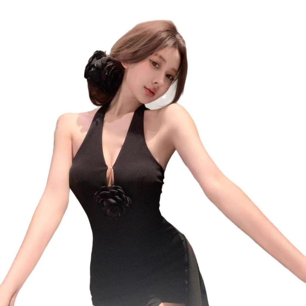 Женское облегающее красное вечернее платье с 3D-цветочным халтером - Облегающее платье-бодикон с разрезом