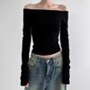 Black Solid Slash Neck Elegant Long Sleeve Tops Korean Fashion Slim Sexy Cropped T Shirt Women Fall Clothing