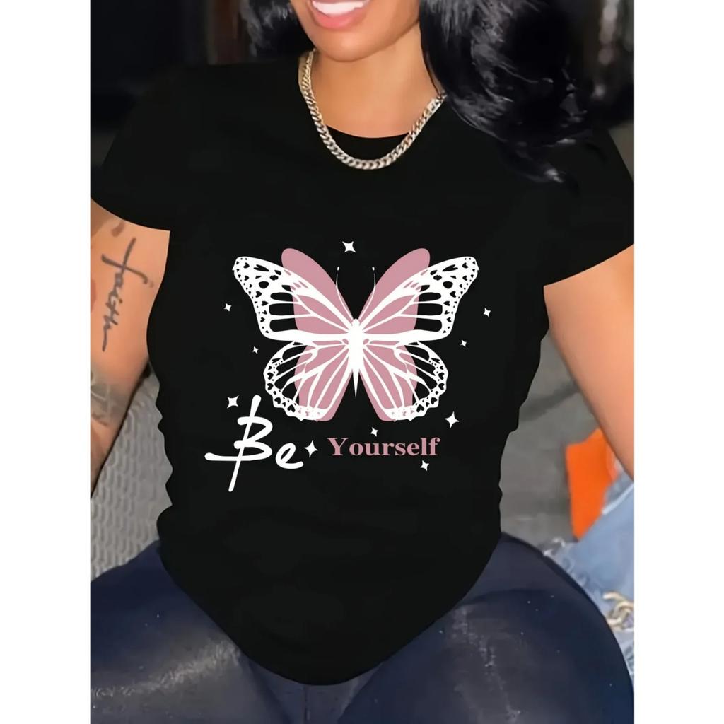Butterfly Graphic Letter Print Women's Crew Neck Short Sleeve T-Shirt Casual Style Summer and Spring Top Women Clothing