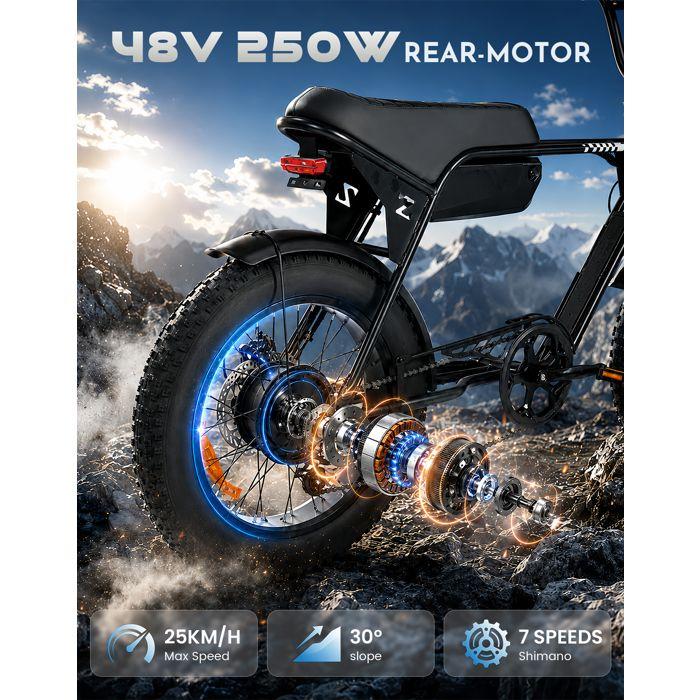 Zumi ATV02 Vélo Électrique Adulte 20'' Fat Bike 250W, Batterie 48V 13.5Ah, Autonomie 80km, 25km/h, Suspension Avant, Alarme