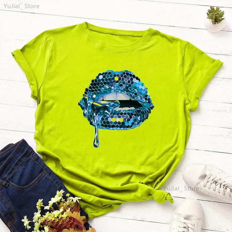 2024 Hot Sale Black T Shirt Unisex Pink Glitter Lips Graphic Print Tshirt Femme Luxurious Makeup Sexy Tshirt Haut Femme