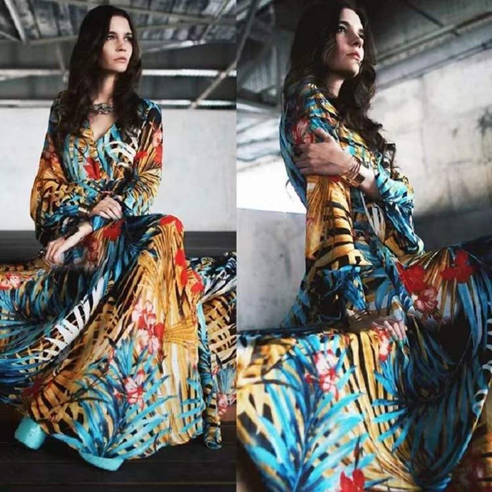 Summer new European and American lantern sleeves sexy deep V print, dress green leaf long dress